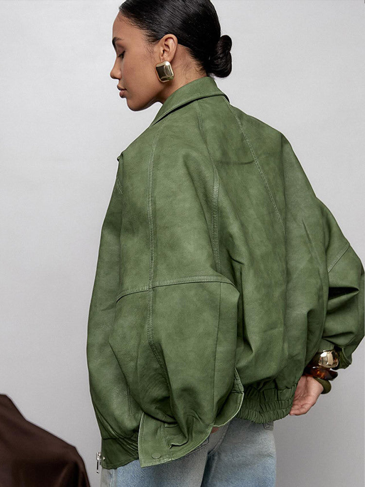 Solid color lapel leather jacket