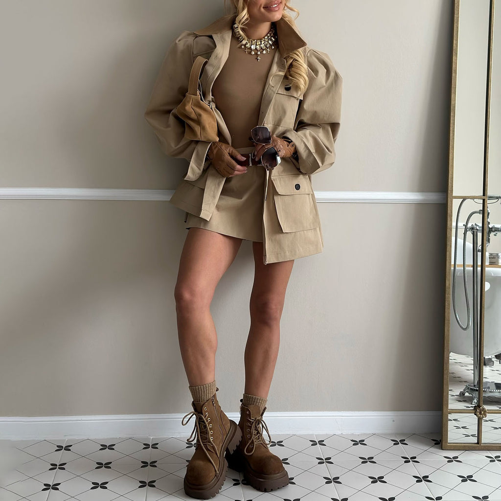 Stand up collar multi-pocket design cocoon waist jacket