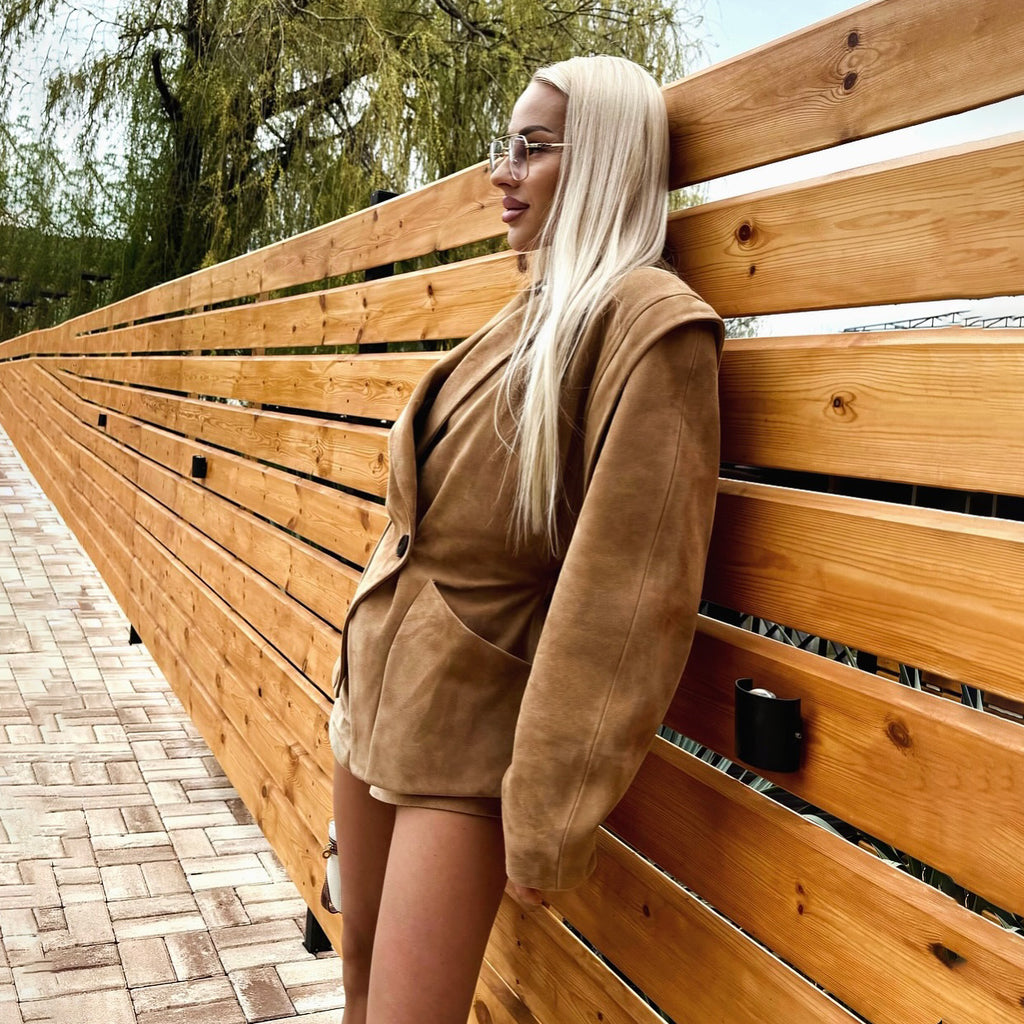 Suede shoulder padded suit jacket