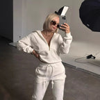 Solid color long sleeved zipper loose top lace up trousers