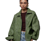 Solid color lapel leather jacket