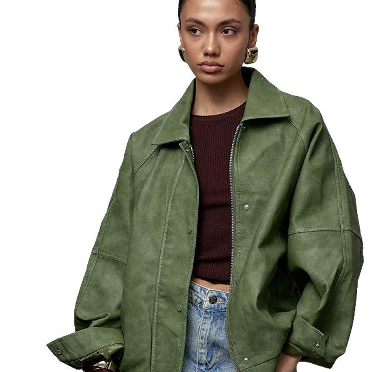 Solid color lapel leather jacket