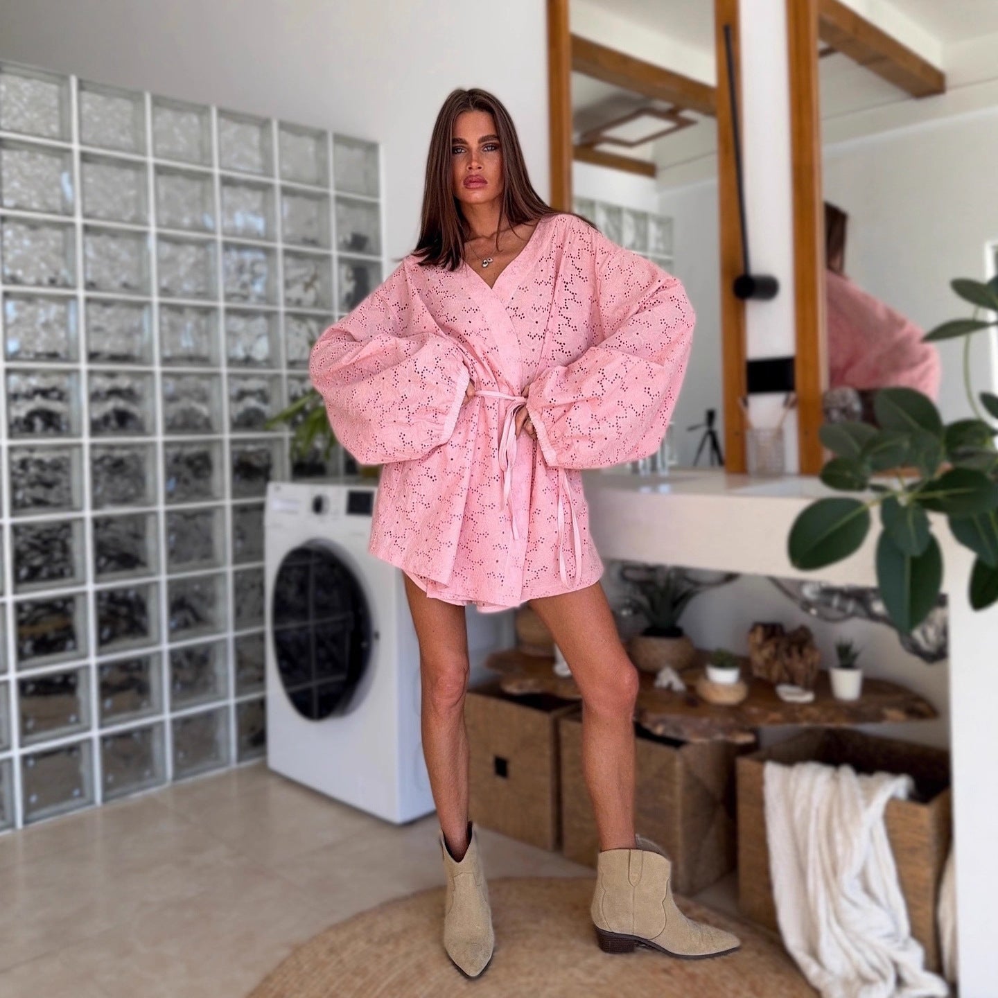 Hollow lace-up bathrobe