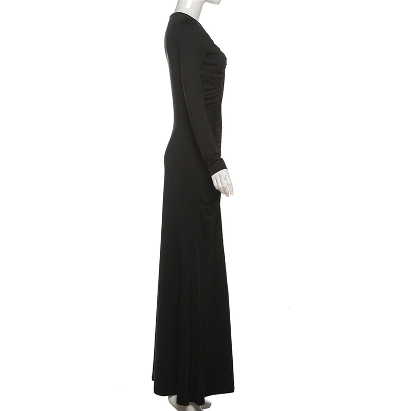 French temperament elegant round neck long-sleeved hip-wrapped dress