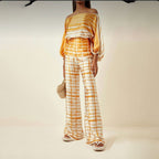 Printed Crew Neck Loose Bat Sleeve Waist Wide Leg Pants Fashion Suit