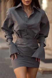 Striped top short skirt two-piece casual suit