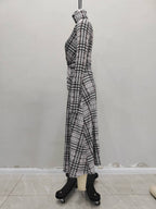 Stand up collar long-sleeved plaid fabric pleated and thin casual dress