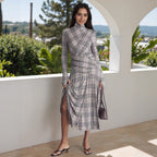 Stand up collar long-sleeved plaid fabric pleated and thin casual dress