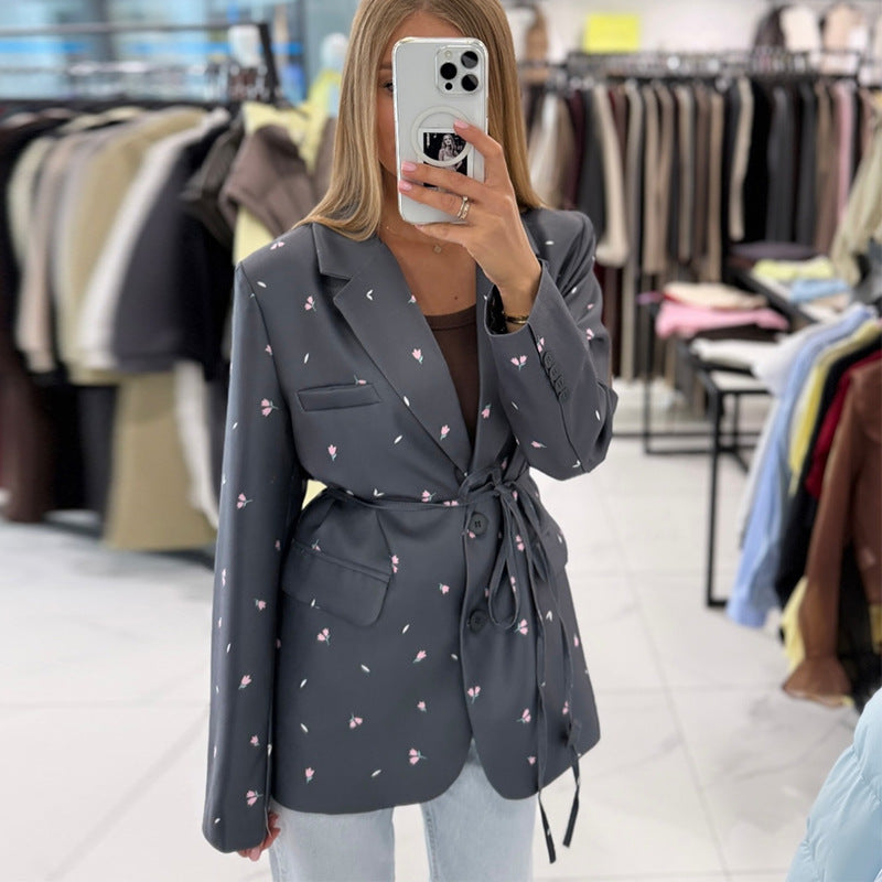 Floral lace up slim fit long sleeved blazer top