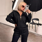 Solid color long sleeved zipper loose top lace up trousers