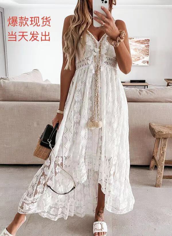 Lace suspender pendulum solid color dress