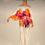 Printed Crew Neck Loose Bat Sleeve Waist Wide Leg Pants Fashion Suit