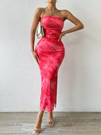 Mesh floral pleated sexy tight split strapless tube top dress