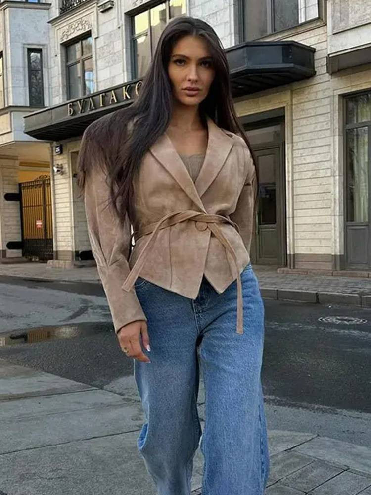 Suede slim jacket with waist straps