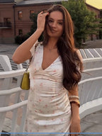 Floral V-neck tight waist dress