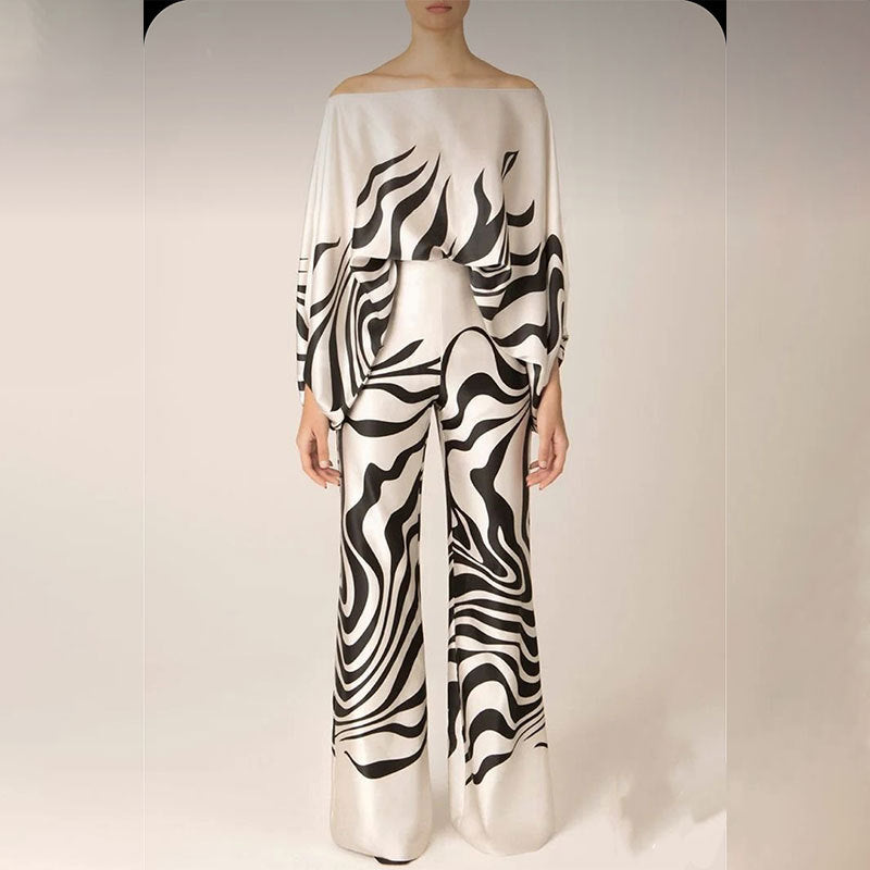 Printed Crew Neck Loose Bat Sleeve Waist Wide Leg Pants Fashion Suit