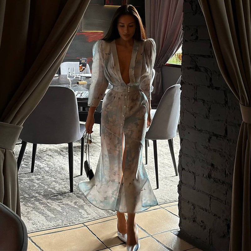 Printed V-Neck High Waist Split Bubble Sleeve Dress