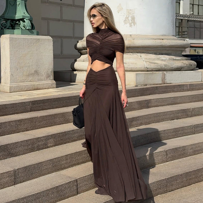 Solid color mesh splicing dress