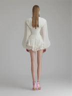 Court style V-neck bubble sleeve three-dimensional flower dress