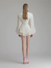 Court style V-neck bubble sleeve three-dimensional flower dress
