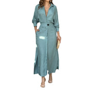 Lace-up Solid Color Waist Long Sleeve Irregular Shirt Dress