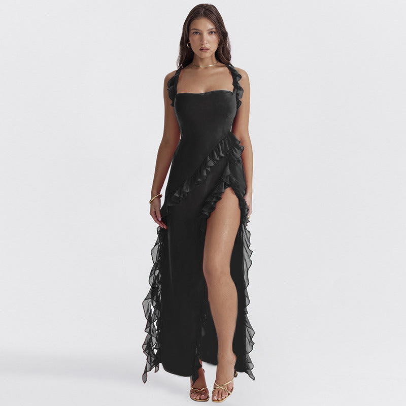 High end fungus edge patchwork forest slit dress