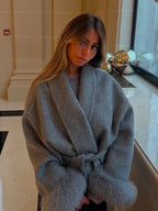 Solid color lace-up splicing wool cuffs woolen jacket