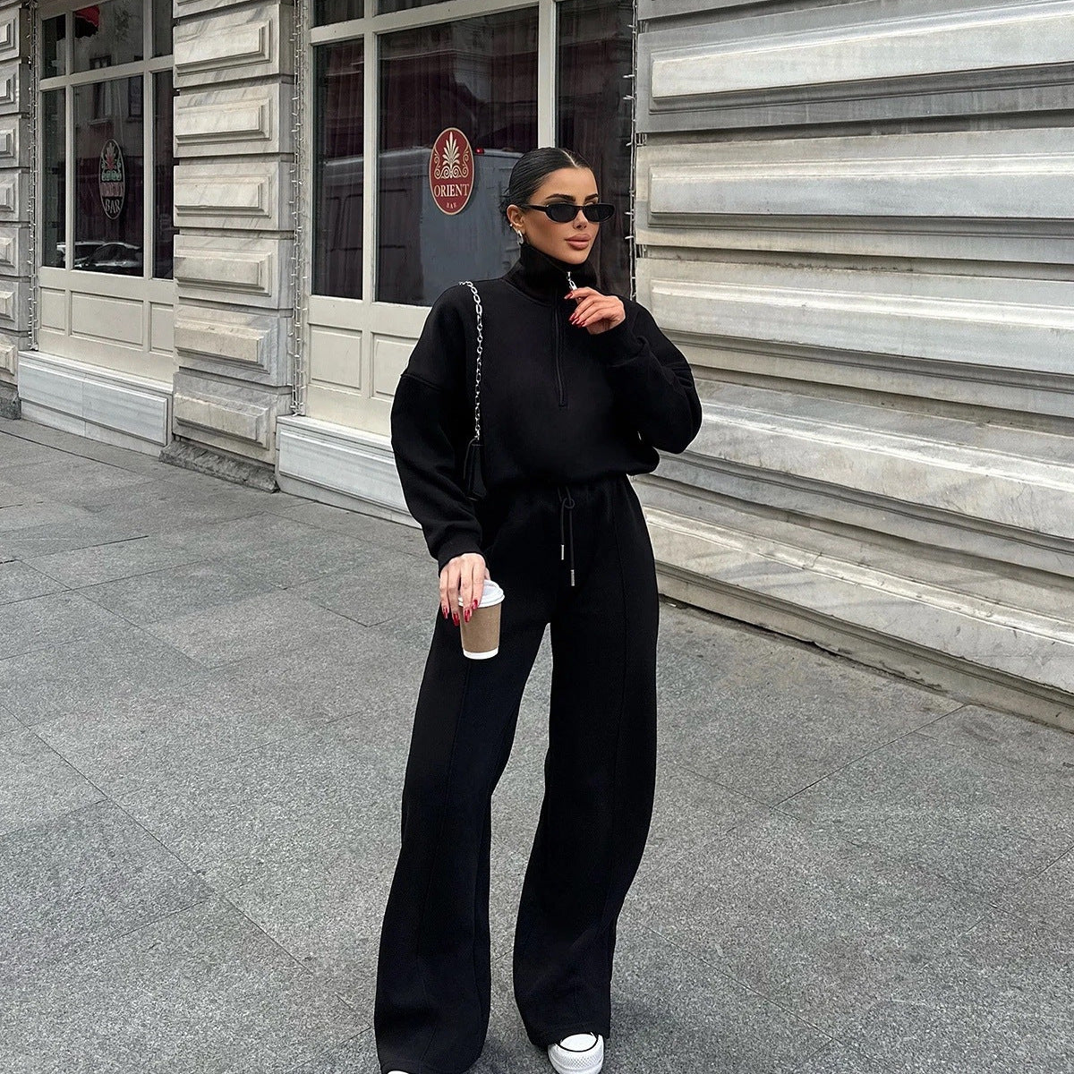 Half open pullover sweater trousers