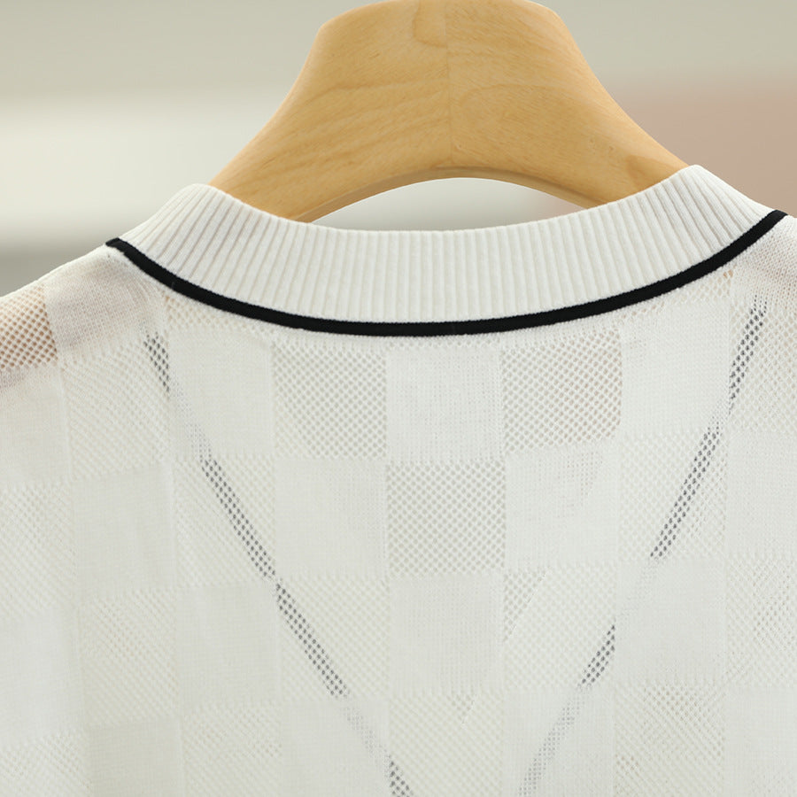 Simple striped V-neck plaid short-sleeved knitted sweater