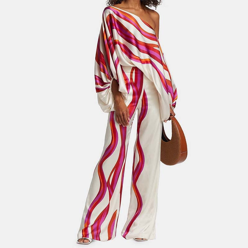 Printed Crew Neck Loose Bat Sleeve Waist Wide Leg Pants Fashion Suit