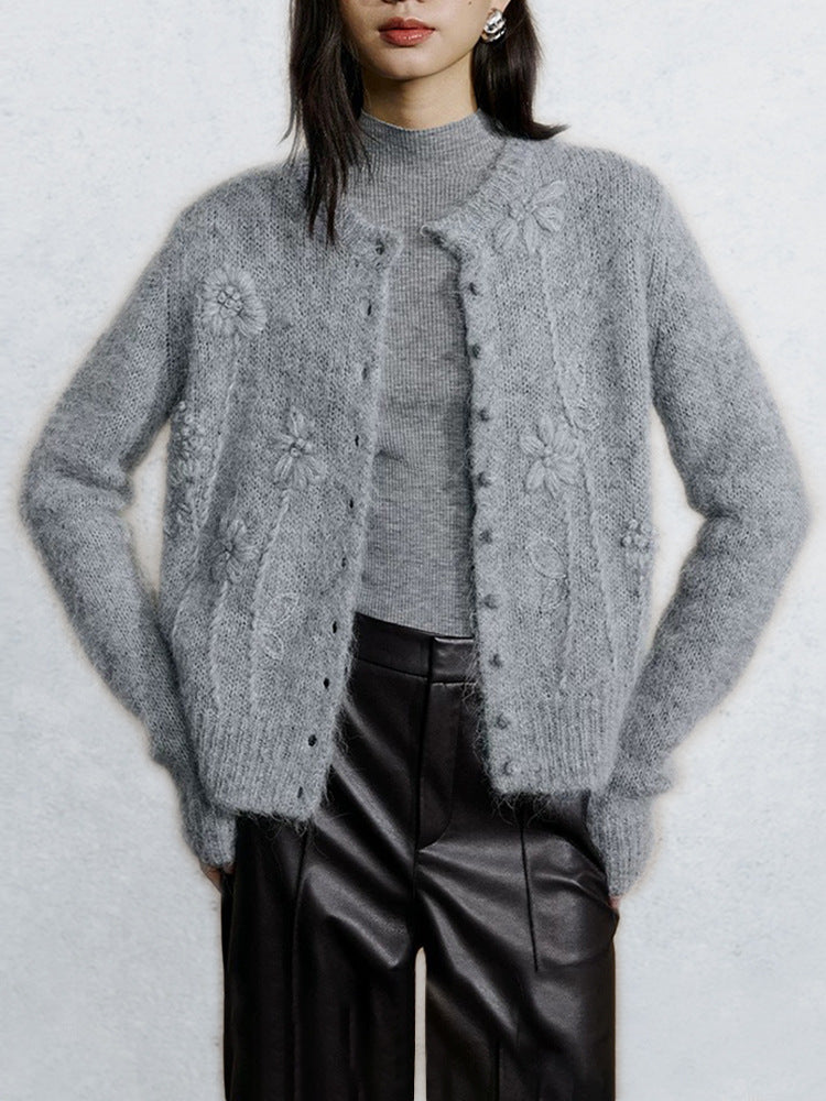 Three-dimensional crochet alpaca wool knitted cardigan