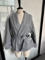 Solid color lace-up splicing wool cuffs woolen jacket