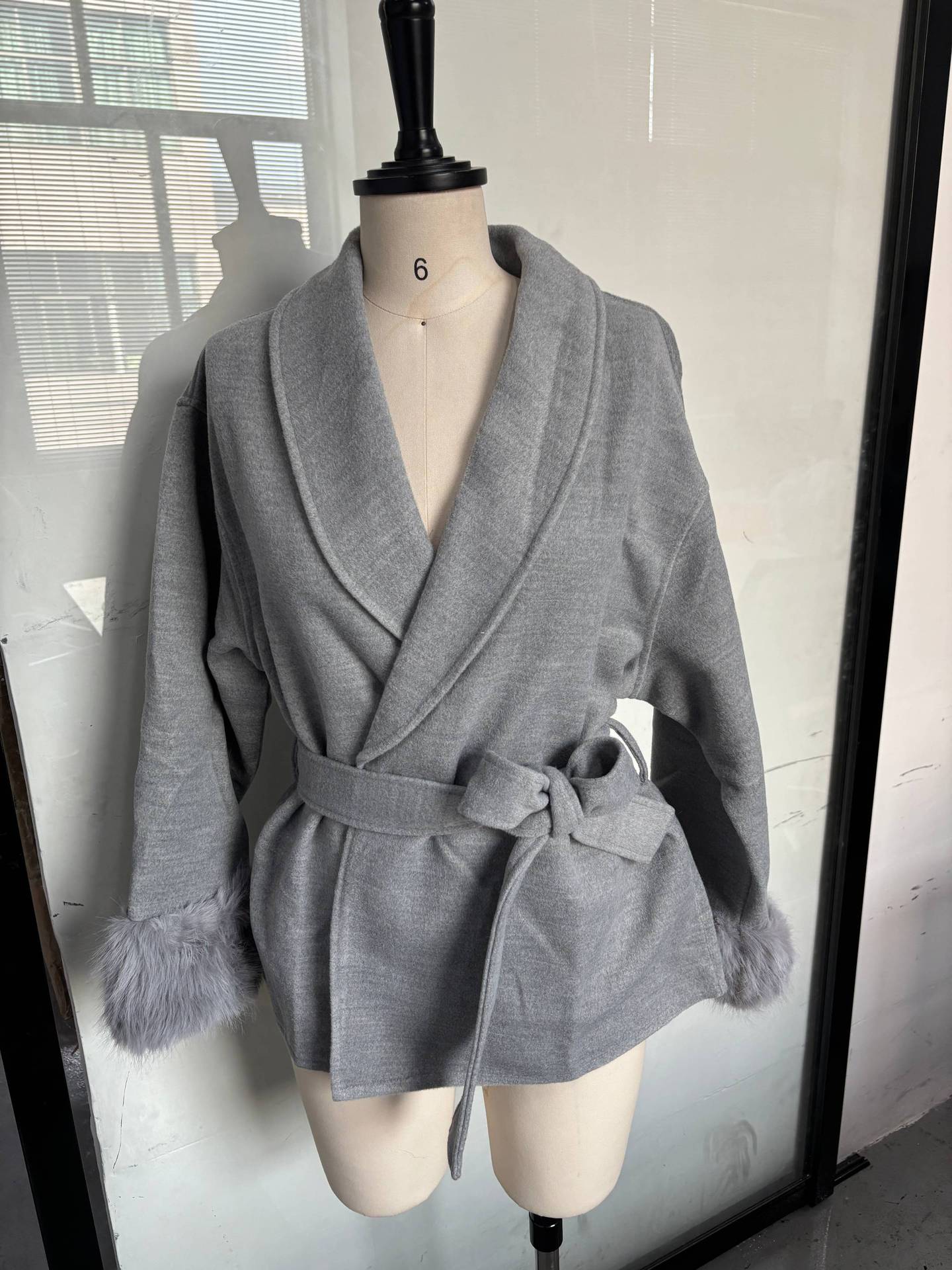 Solid color lace-up splicing wool cuffs woolen jacket