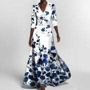 Temperament V-neck printed strap-up large skirt dress