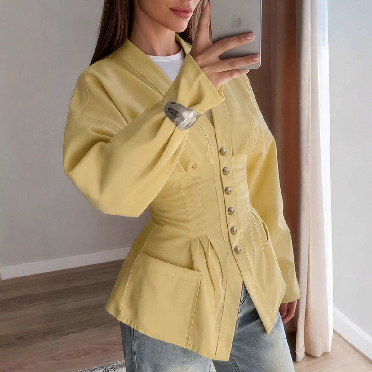 Slim fitting brown long-sleeved shirt with waist