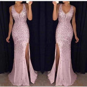 New slit broken foil dress long skirt evening dress