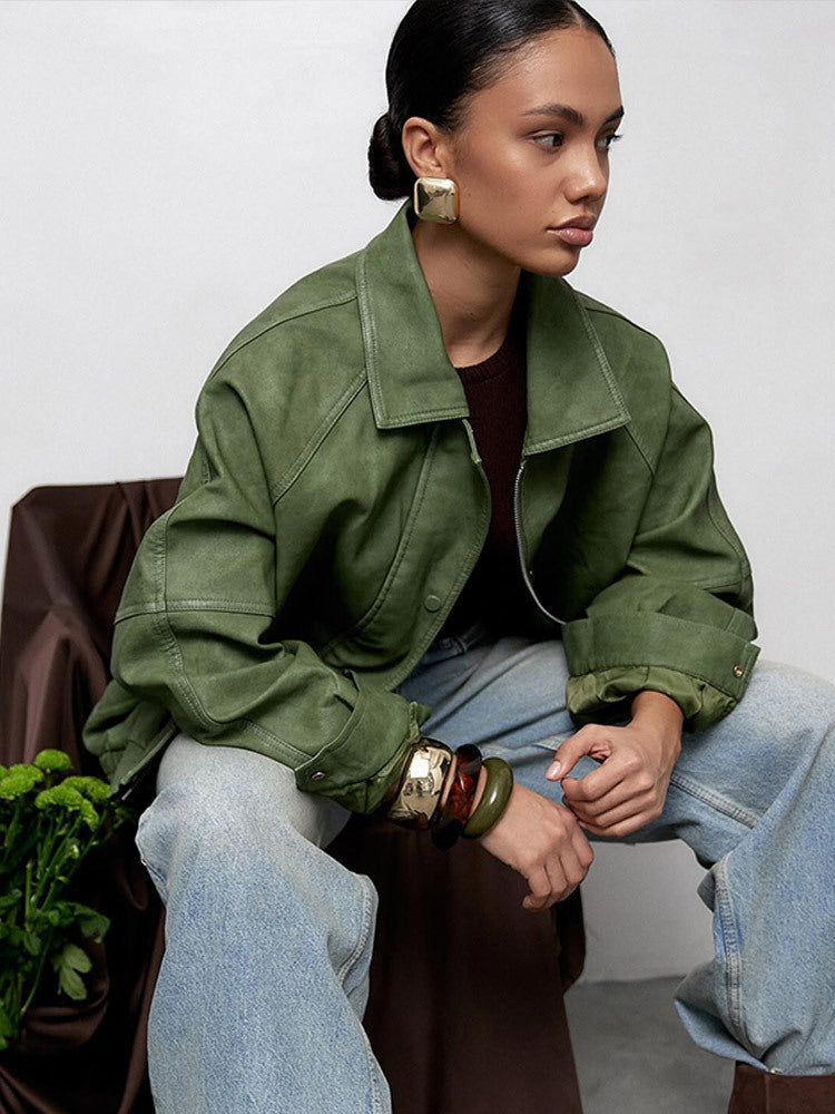 Solid color lapel leather jacket