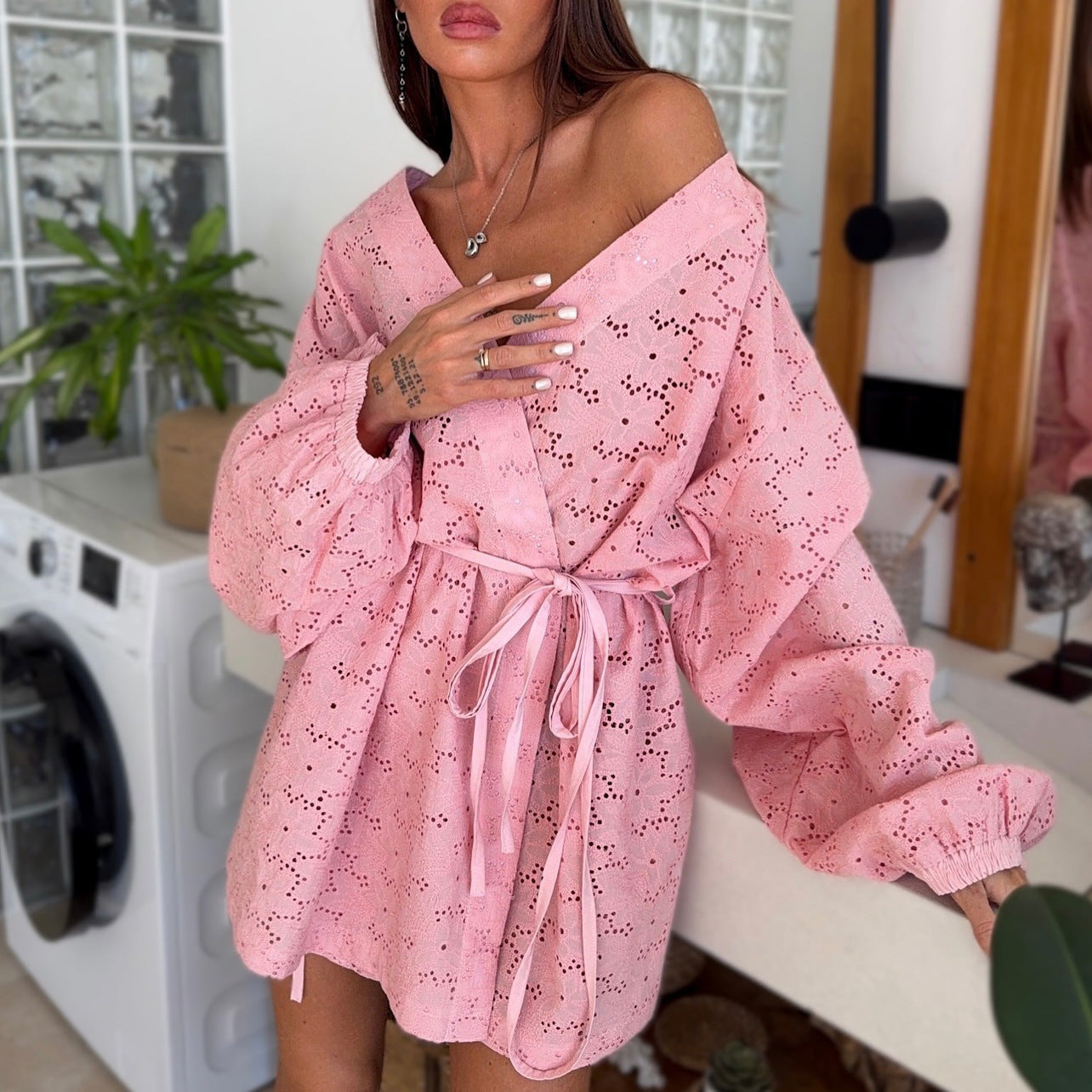 Hollow lace-up bathrobe