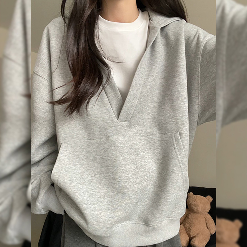 Grey V-neck hooded sweatshirt for women - loose and slim casual pullover