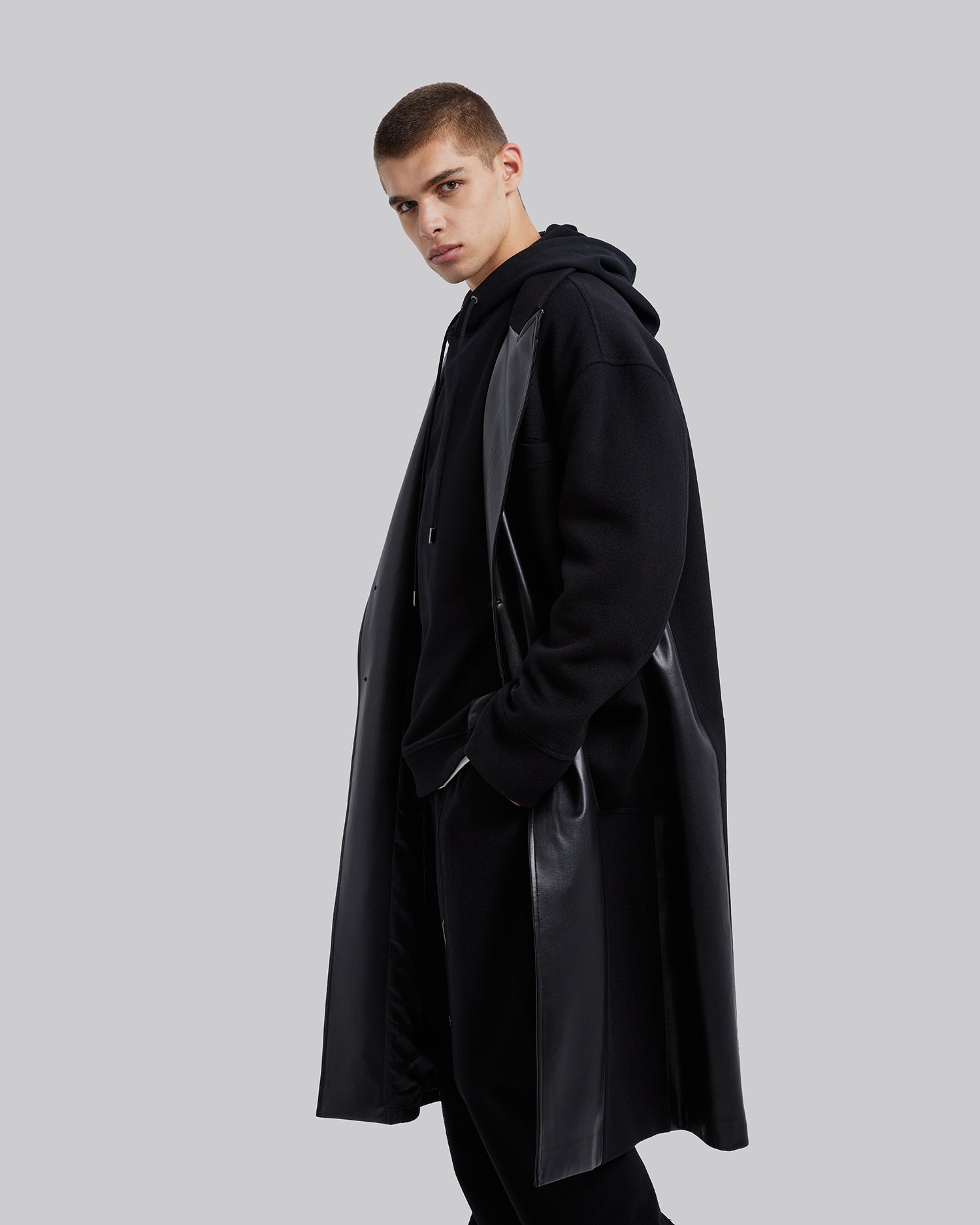 Wool &Faux-Leather Panel Coat