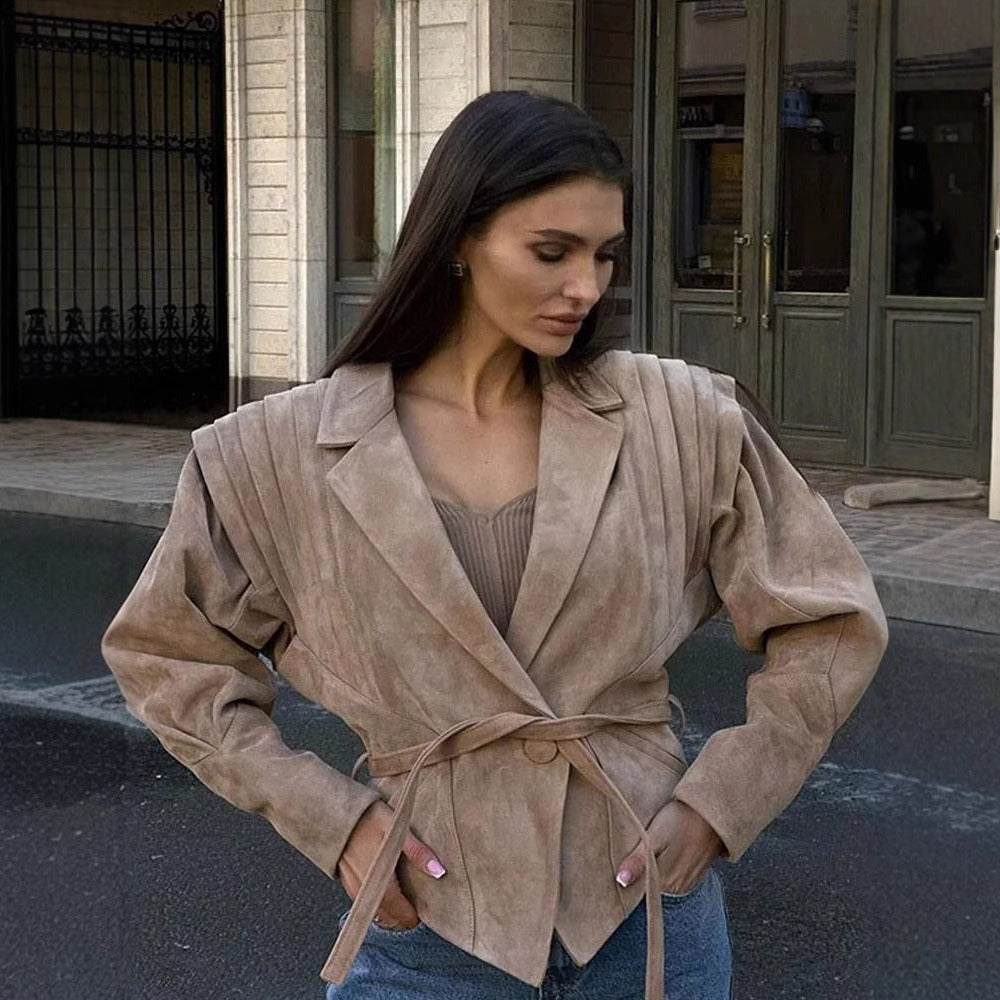 Suede slim jacket with waist straps