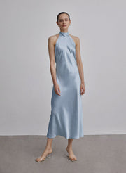 French Bow Halterneck Silk Maxi Dress