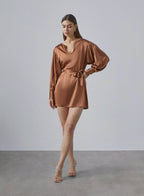 Notch Neck Bouffant Sleeve Silk Mini Dress