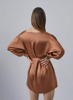 Notch Neck Bouffant Sleeve Silk Mini Dress