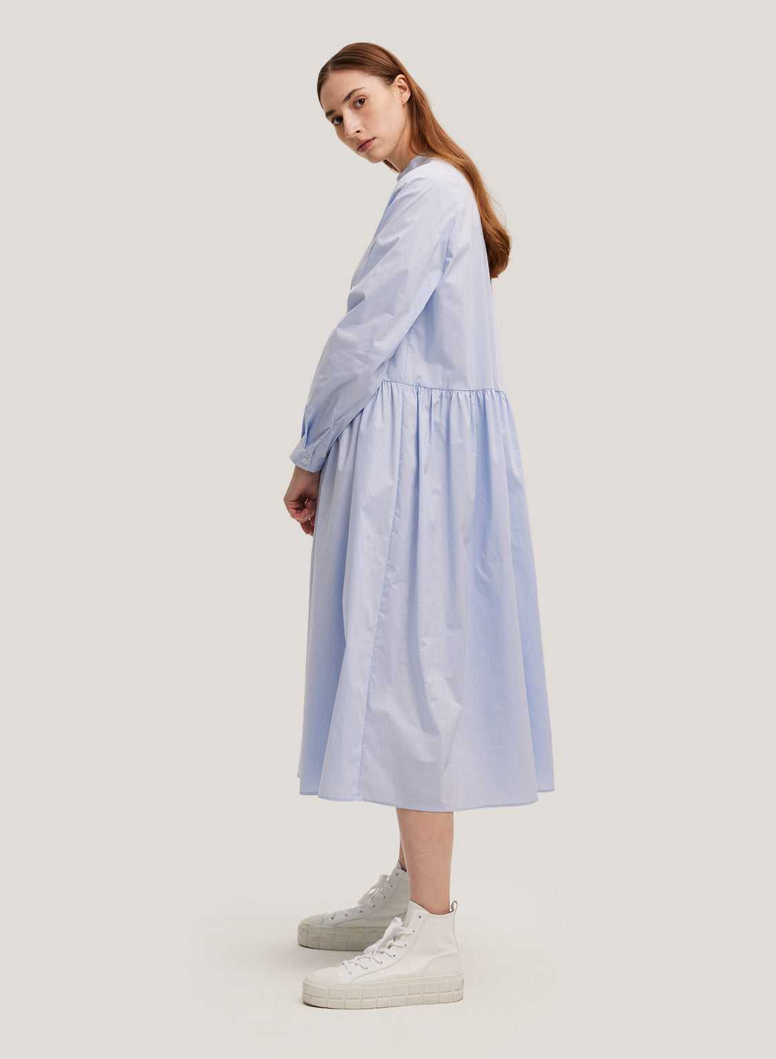 Buttoned Stand Collar Cotton Dress