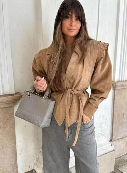 Suede slim jacket with waist straps