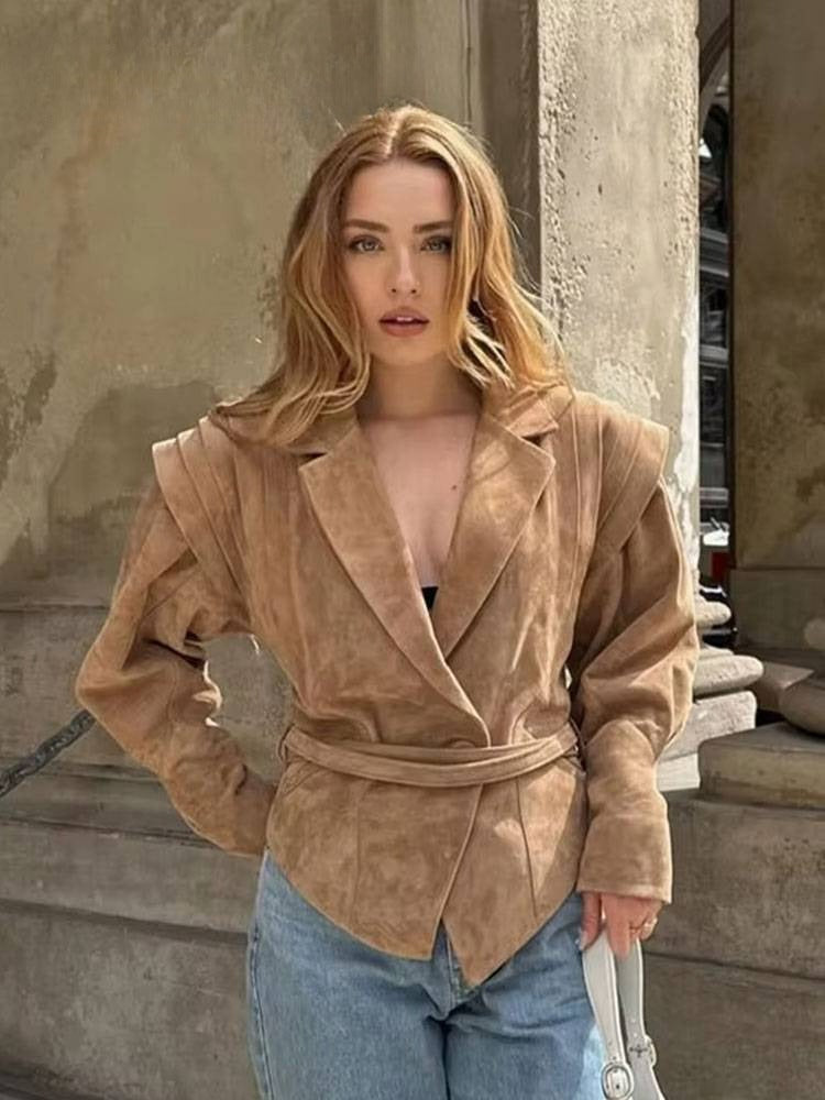 Suede slim jacket with waist straps