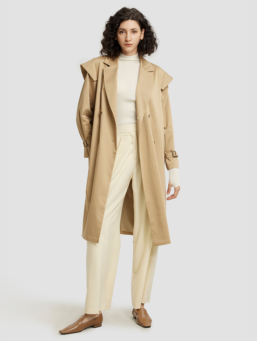 Double-breasted Wide Shoulder Trench Coat