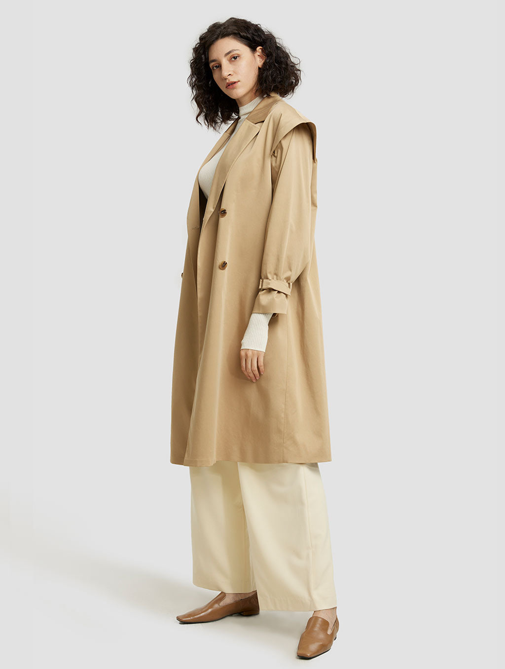 Double-breasted Wide Shoulder Trench Coat