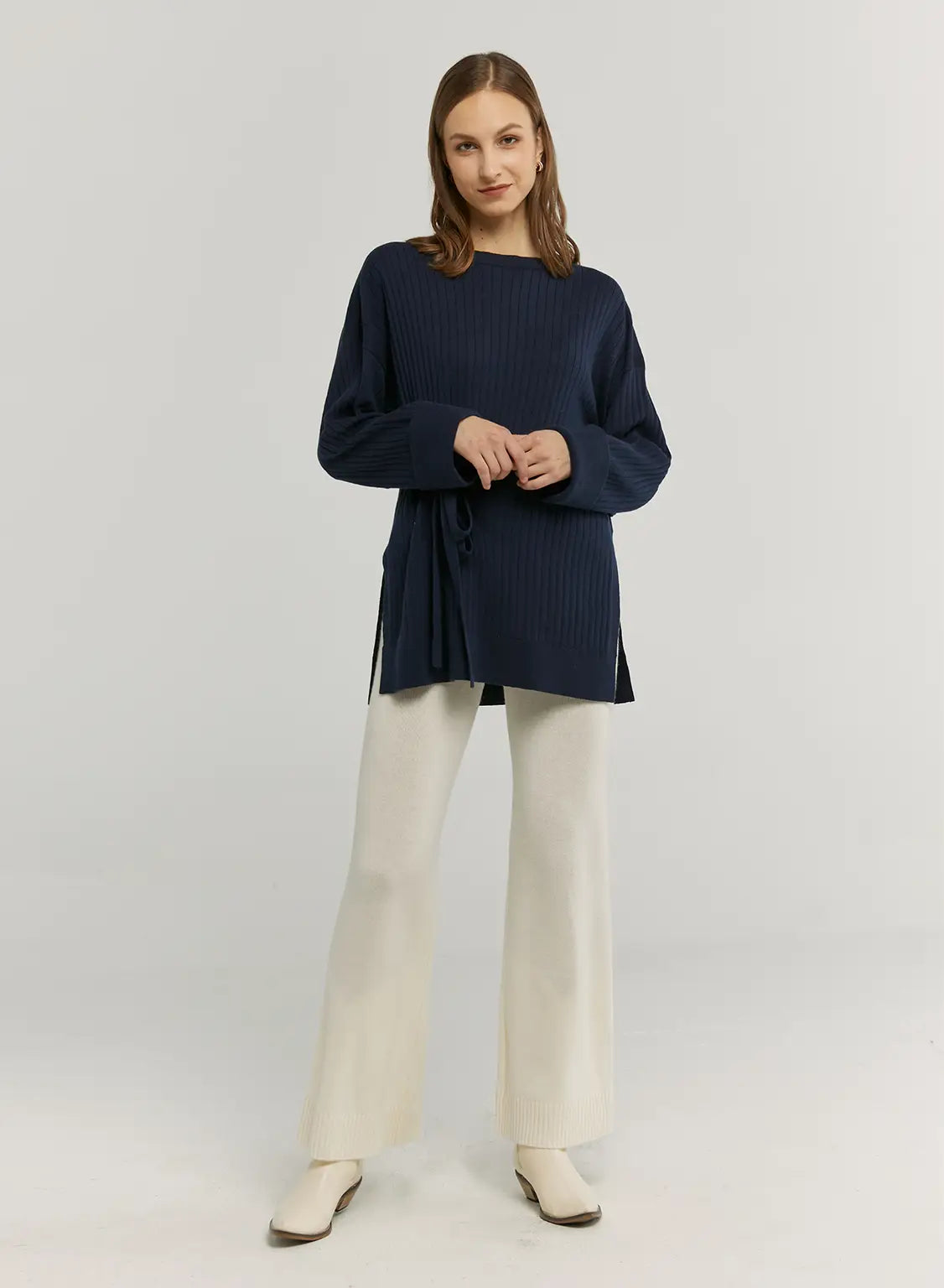 Drawstring Detail Boatneck Knitted Top